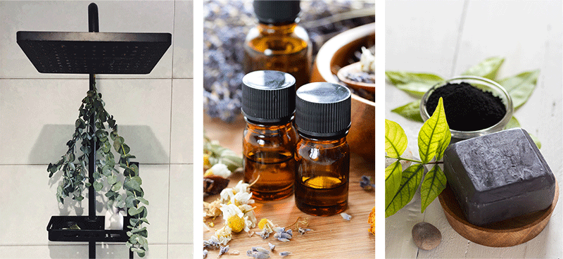 eucalyptus hanging, essential oil bottles and activated charcoal for scents 